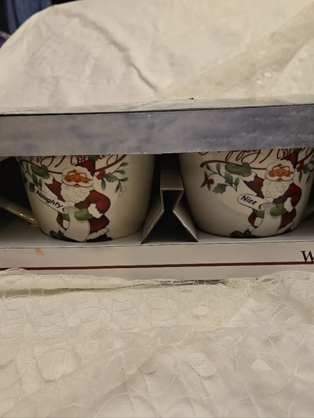 Pfaltzgraff Winterberry Santa Naughty /  Nice List Mugs  NEW w/BOX